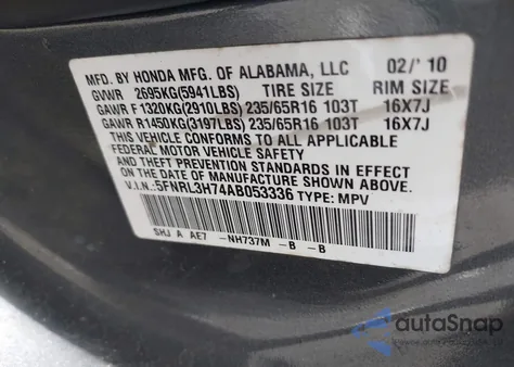 2010 Honda Odyssey Exl from USA, damaged, VIN 5FNRL3H74AB053336